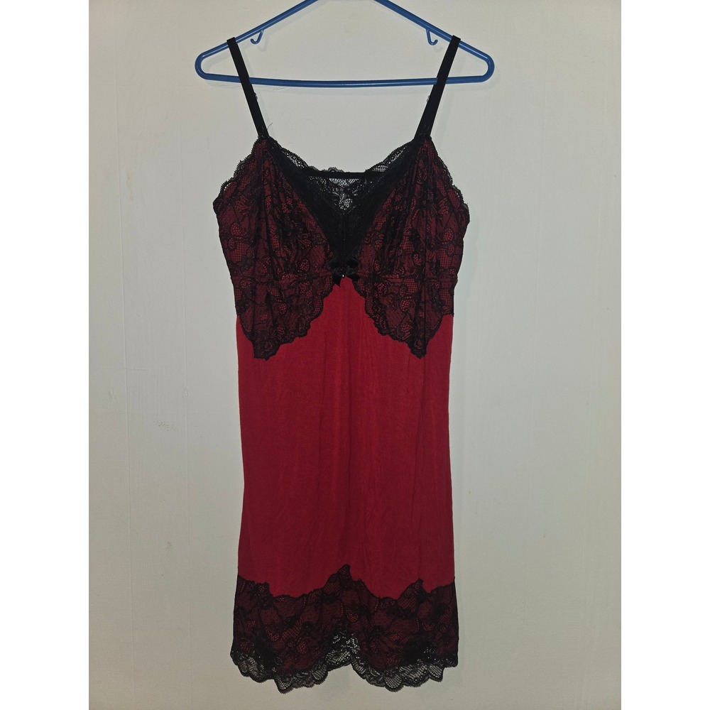 Soma Intimates Red Black Lace Trim Chemise Nightgown Large Sleeveless Slip Dress